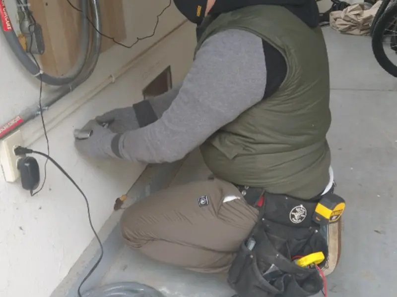 Electrician performing outlet wiring in a Steiner Ranch garage